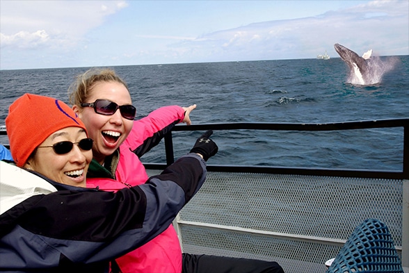 two excited women point out whale jumping from lake superior