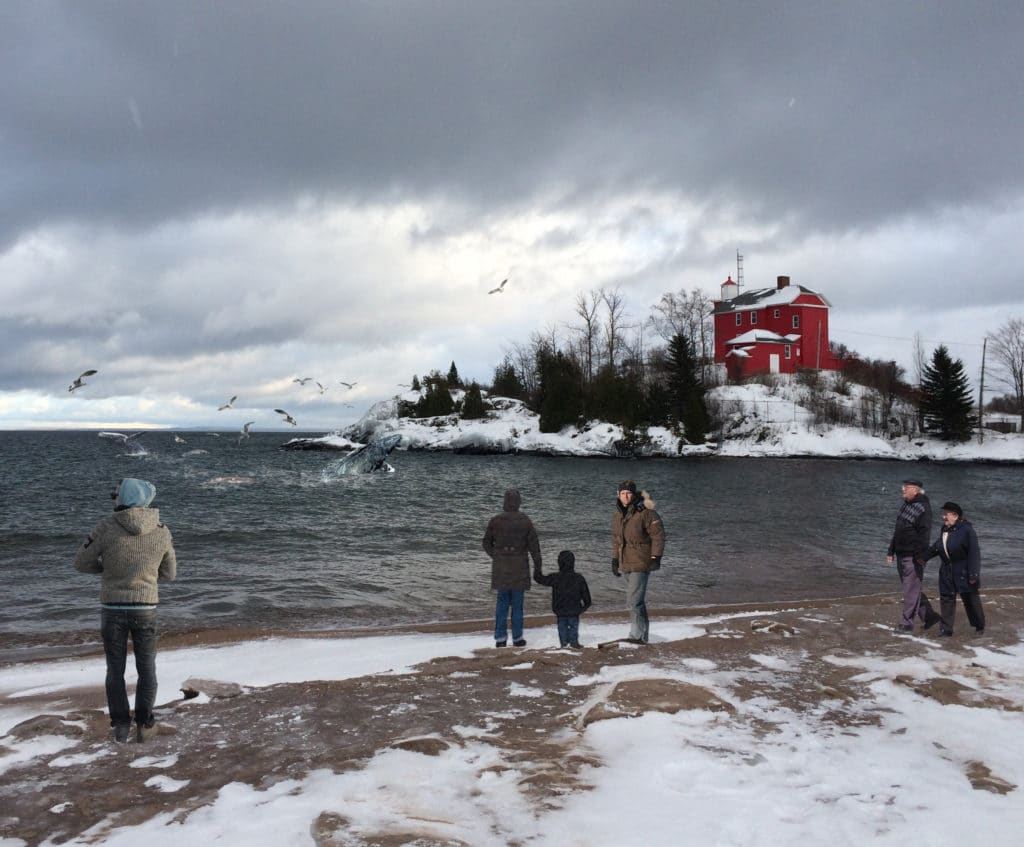 onlookers watch whale offshore near marquette mi